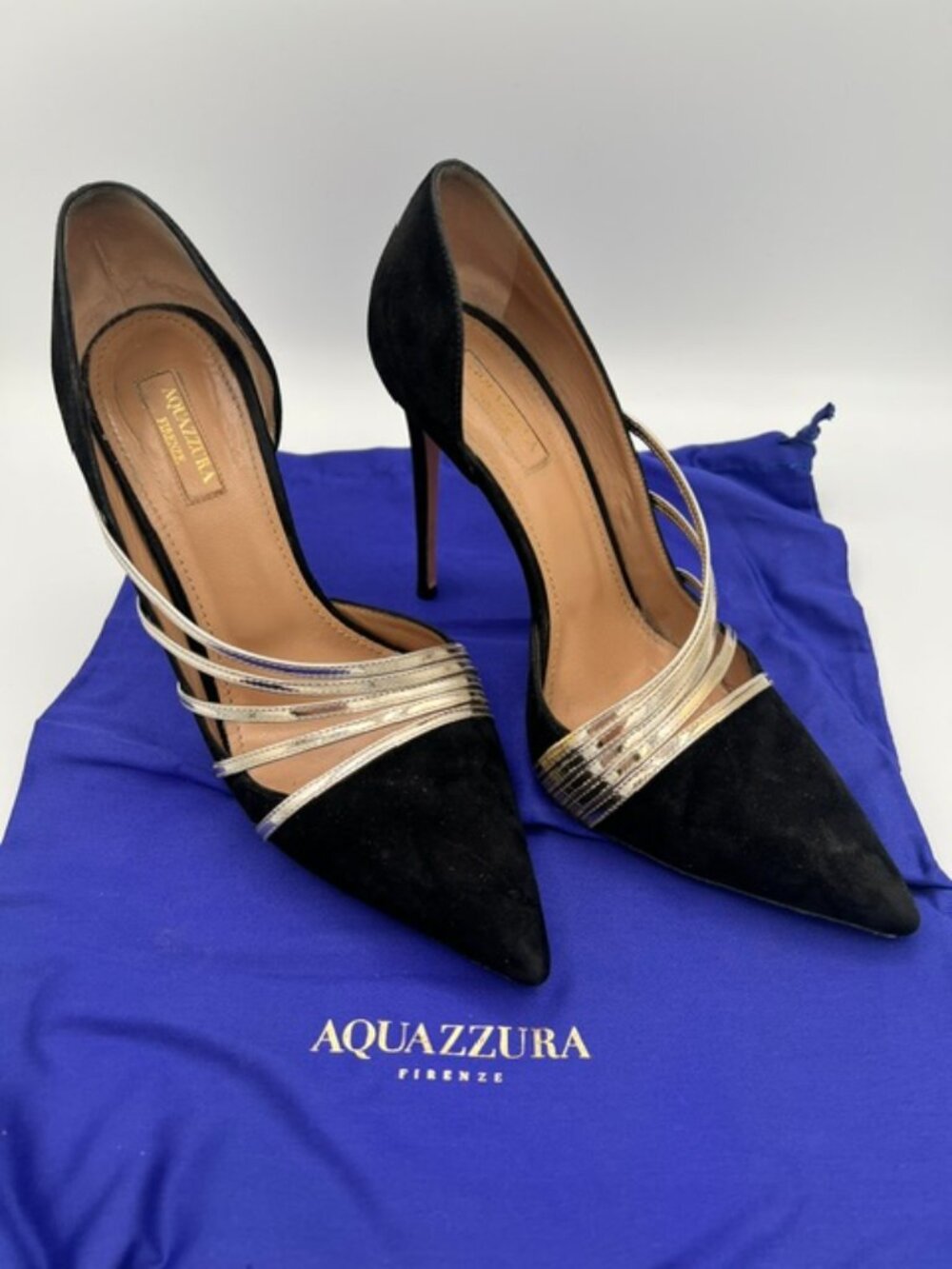 Aquazzura Minou 105 Black Suede Gold Metallic Pumps Size 38.5